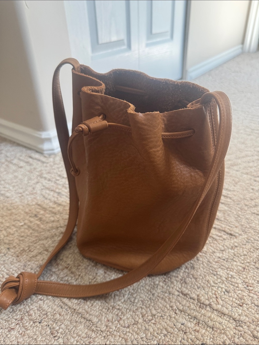 BAGGU Tan Leather Drawstring Crossbody Bucket Bag